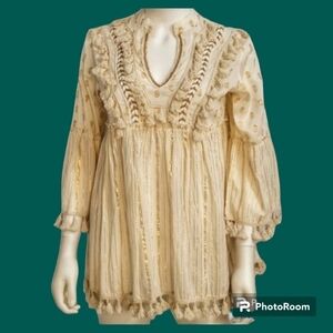 BUBY.S Bohemian Tassel Copper Metallic Striped Polka Dot Coastal Festival Tunic